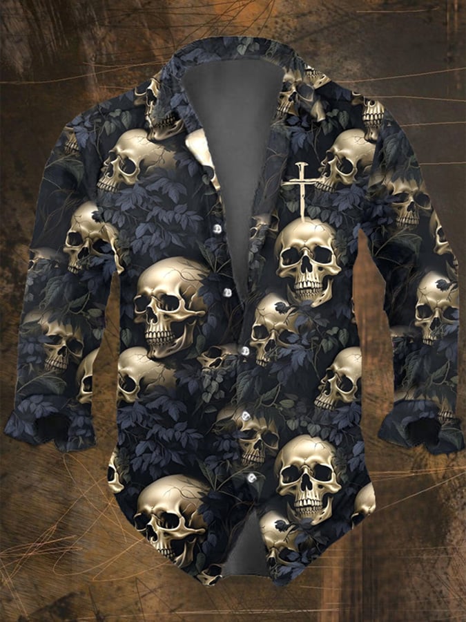 Halloween Men's Dark Skull Pri - Vintage Hawaiian Floral Shirt 评论和价格
