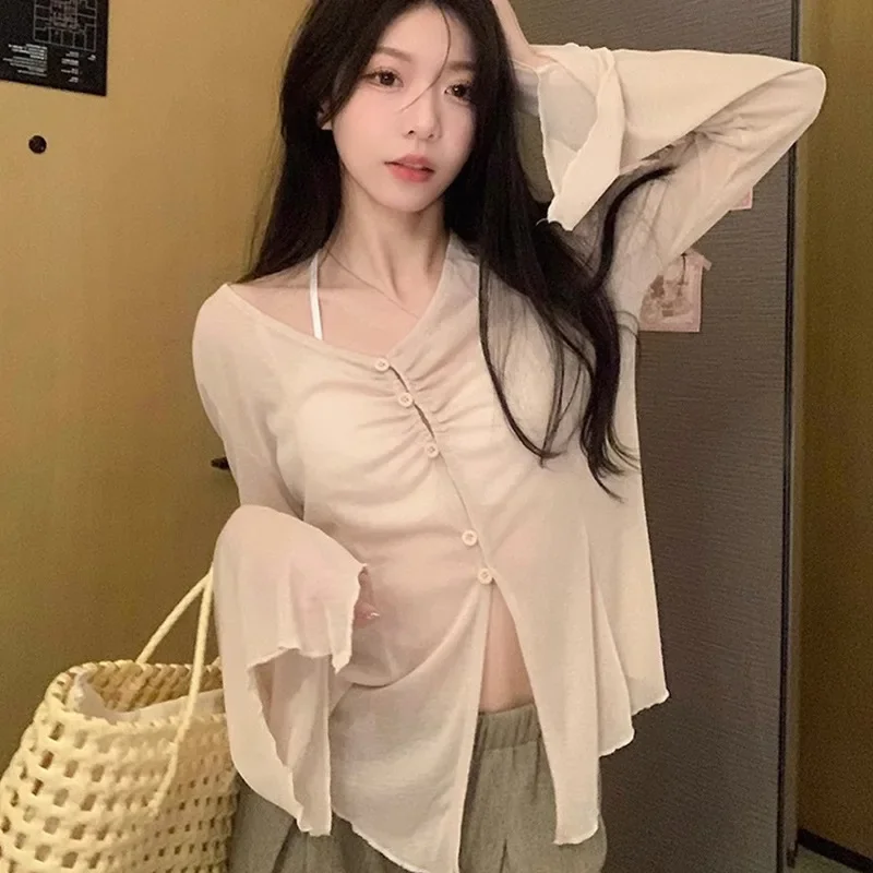 Sheer Flare Sleeve Blouse - Y2 - Shirts 评论和价格