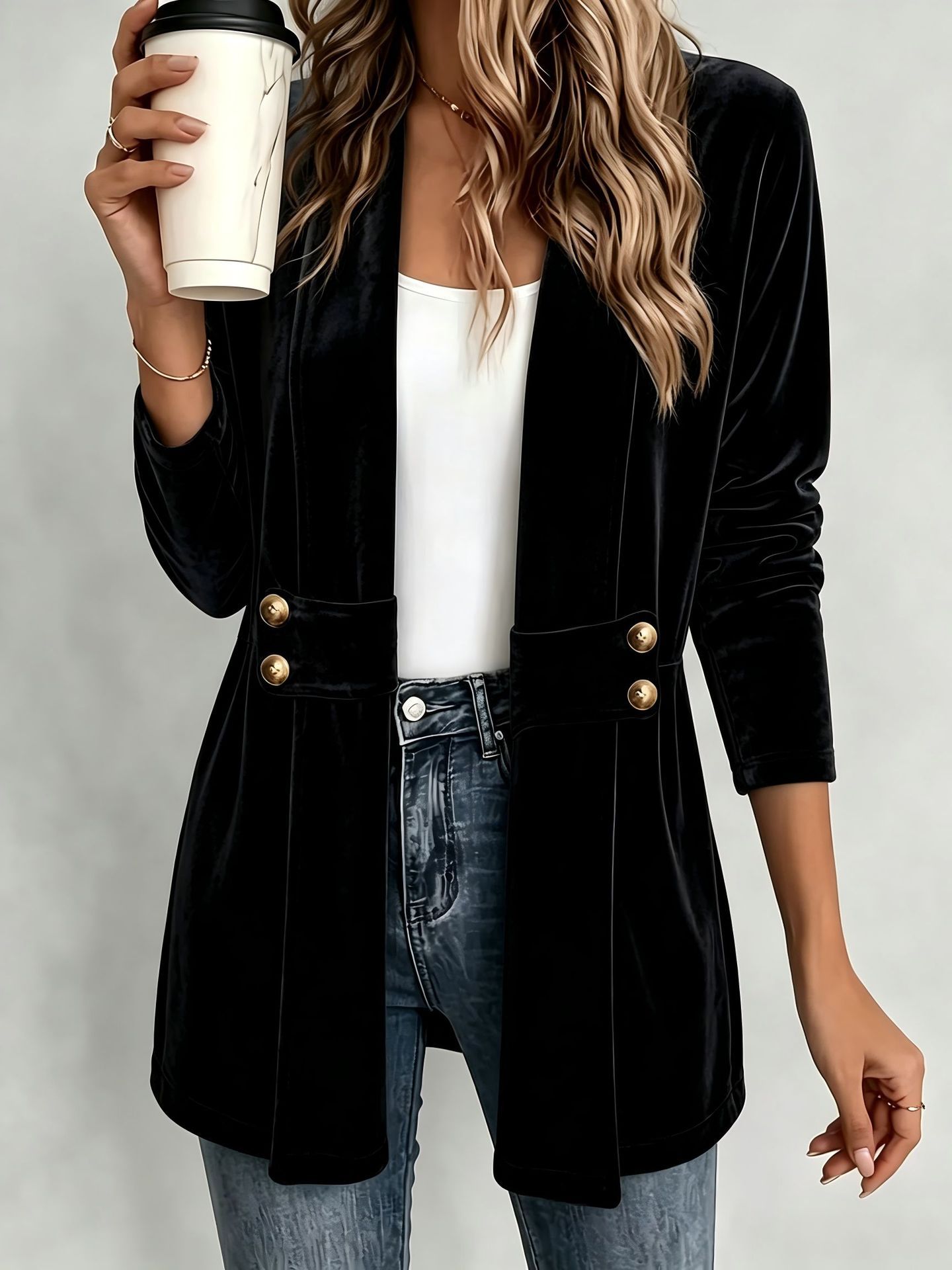 Women's Velvet Open Front Coat - Jackets 评论和价格